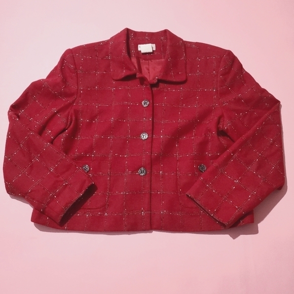Vintage 1980s 80s Dark Burgandy Red Plaid Wool Blazer Shoulder Pads Christmas - Picture 1 of 6
